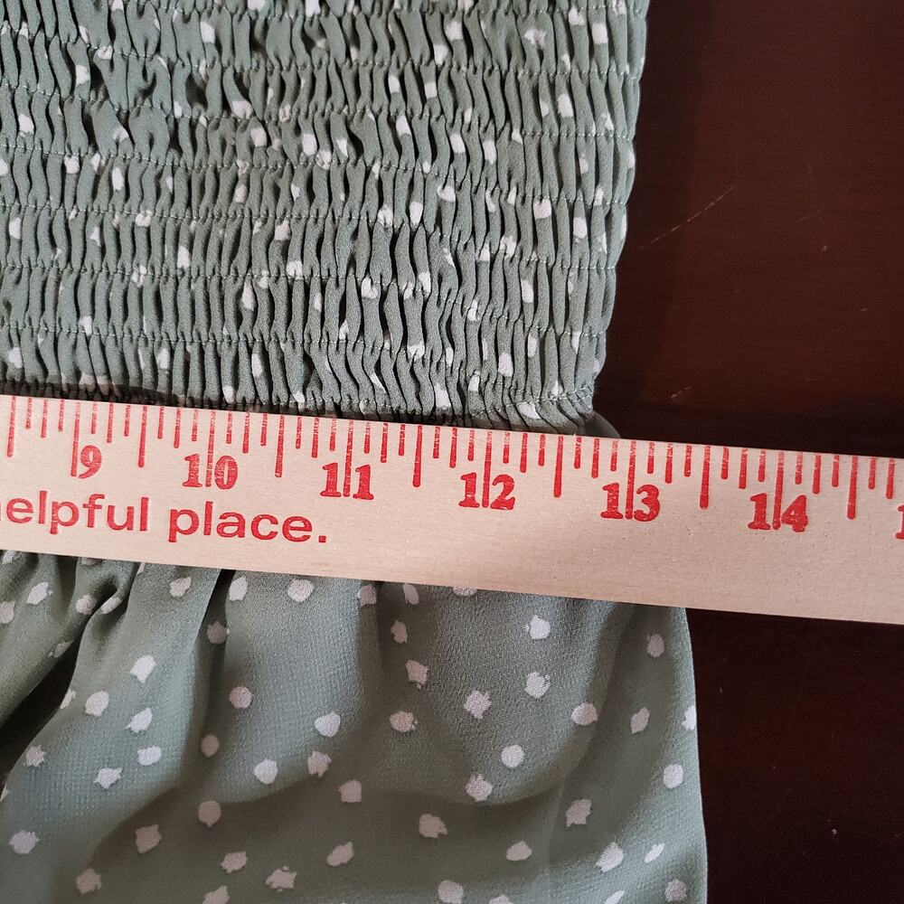 She + Sky NWT Polka Dot Smocked Ruffle Tie Strap Romper M Sage Green Cottage - Picture 8 of 10